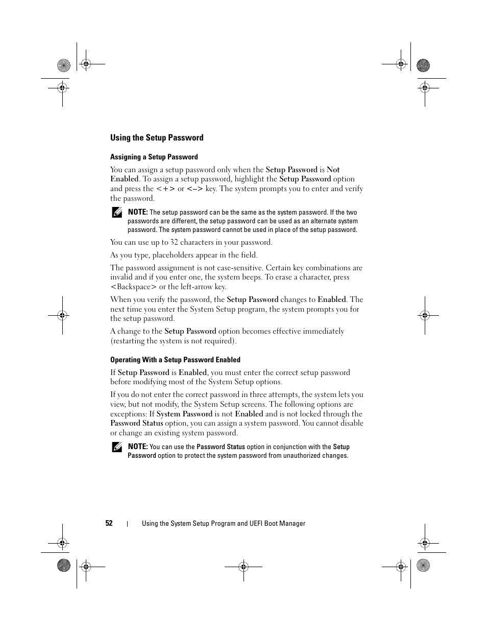 Using the setup password, See "using the setup password" on, Perform the steps in "assigning | Dell PowerEdge T110 User Manual | Page 52 / 144