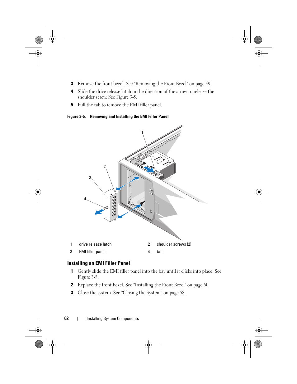 Installing an emi filler panel | Dell PowerEdge T110 User Manual | Page 62 / 144