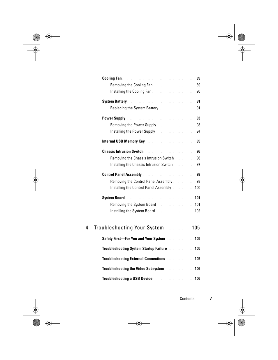 4troubleshooting your system | Dell PowerEdge T110 User Manual | Page 7 / 144