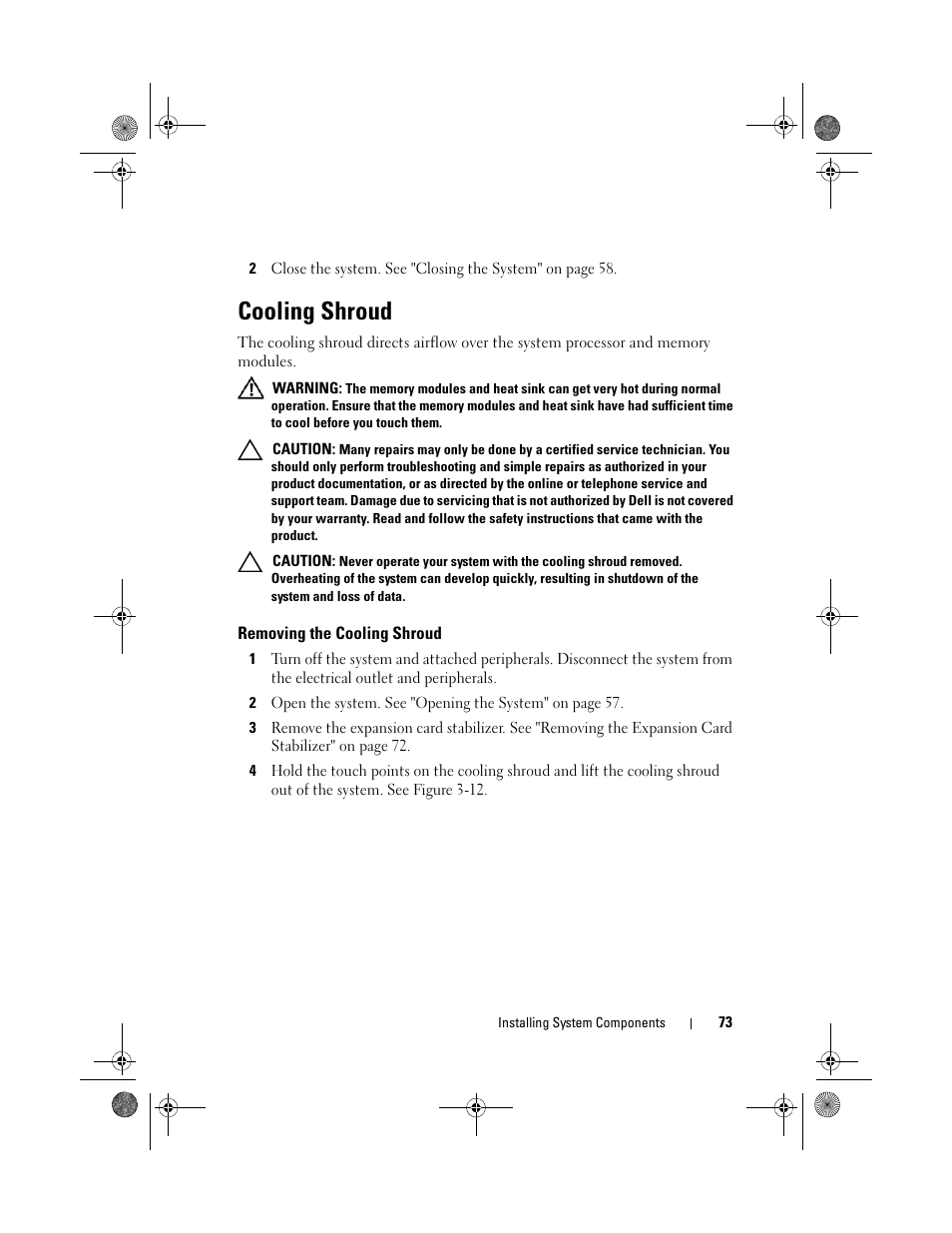 Cooling shroud, Removing the cooling shroud | Dell PowerEdge T110 User Manual | Page 73 / 144