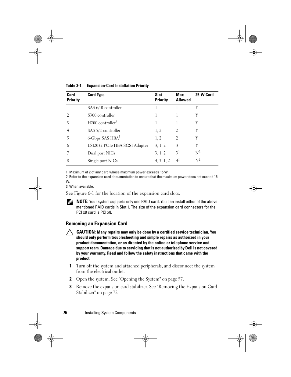 Removing an expansion card | Dell PowerEdge T110 User Manual | Page 76 / 144