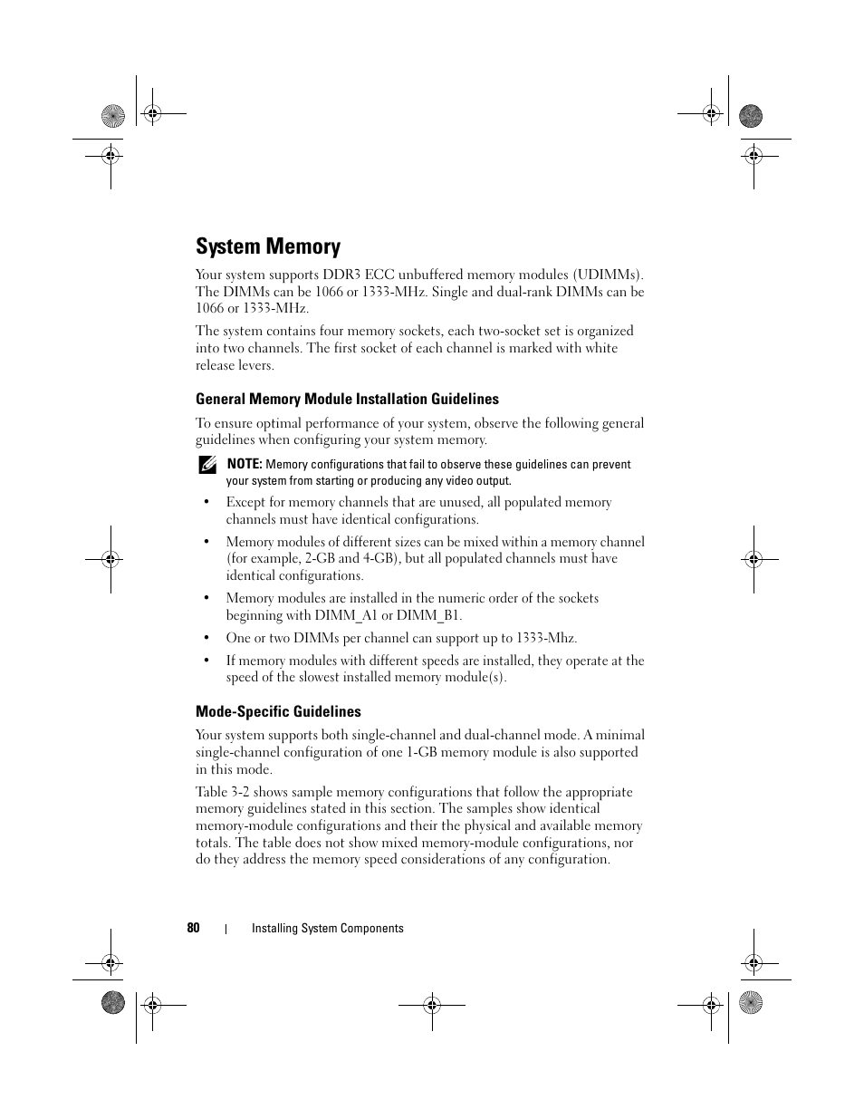 System memory, General memory module installation guidelines, Mode-specific guidelines | Dell PowerEdge T110 User Manual | Page 80 / 144