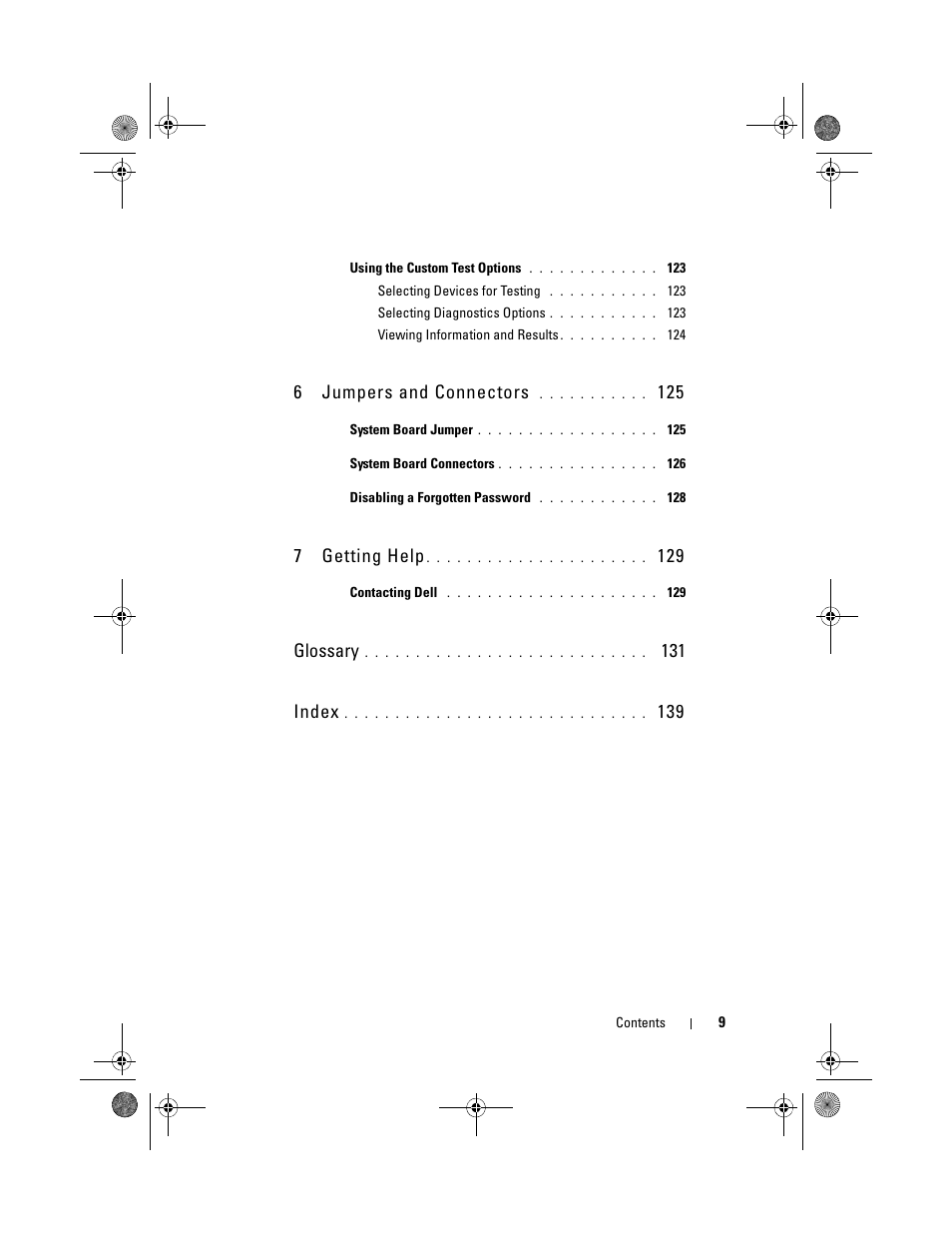 6jumpers and connectors, 7getting help, Glossary | 131 index | Dell PowerEdge T110 User Manual | Page 9 / 144