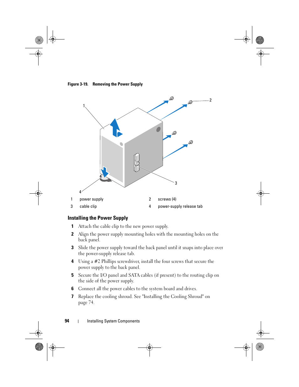 Installing the power supply, Supply out of the chassis. see figure 3-19 | Dell PowerEdge T110 User Manual | Page 94 / 144