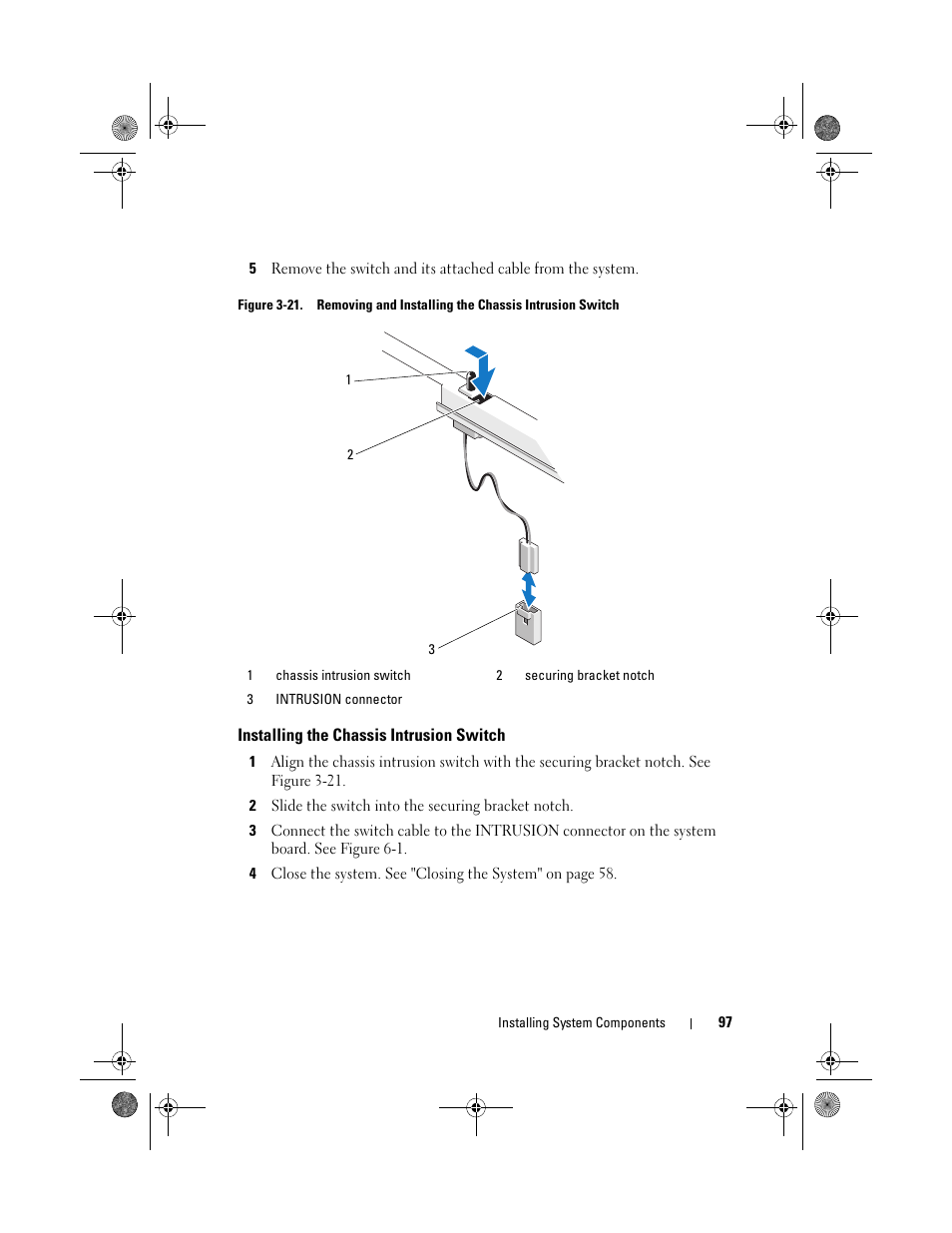 Installing the chassis intrusion switch | Dell PowerEdge T110 User Manual | Page 97 / 144