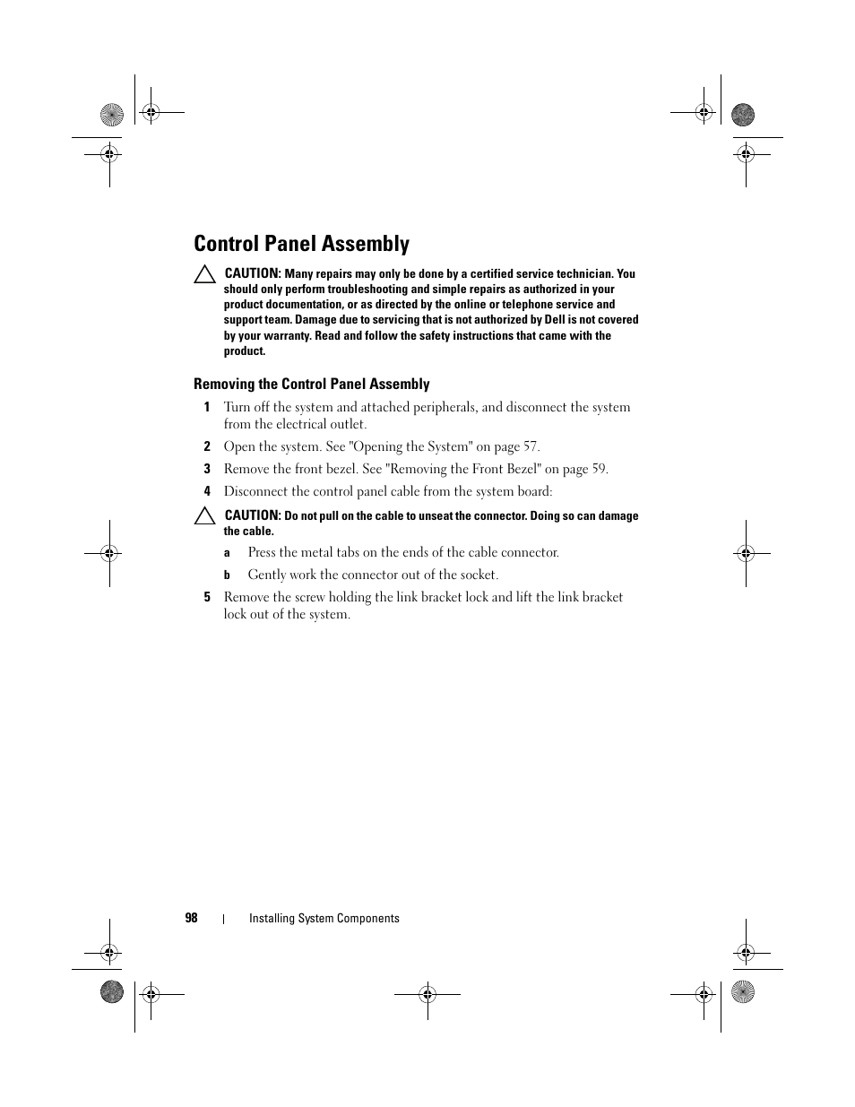 Control panel assembly, Removing the control panel assembly | Dell PowerEdge T110 User Manual | Page 98 / 144