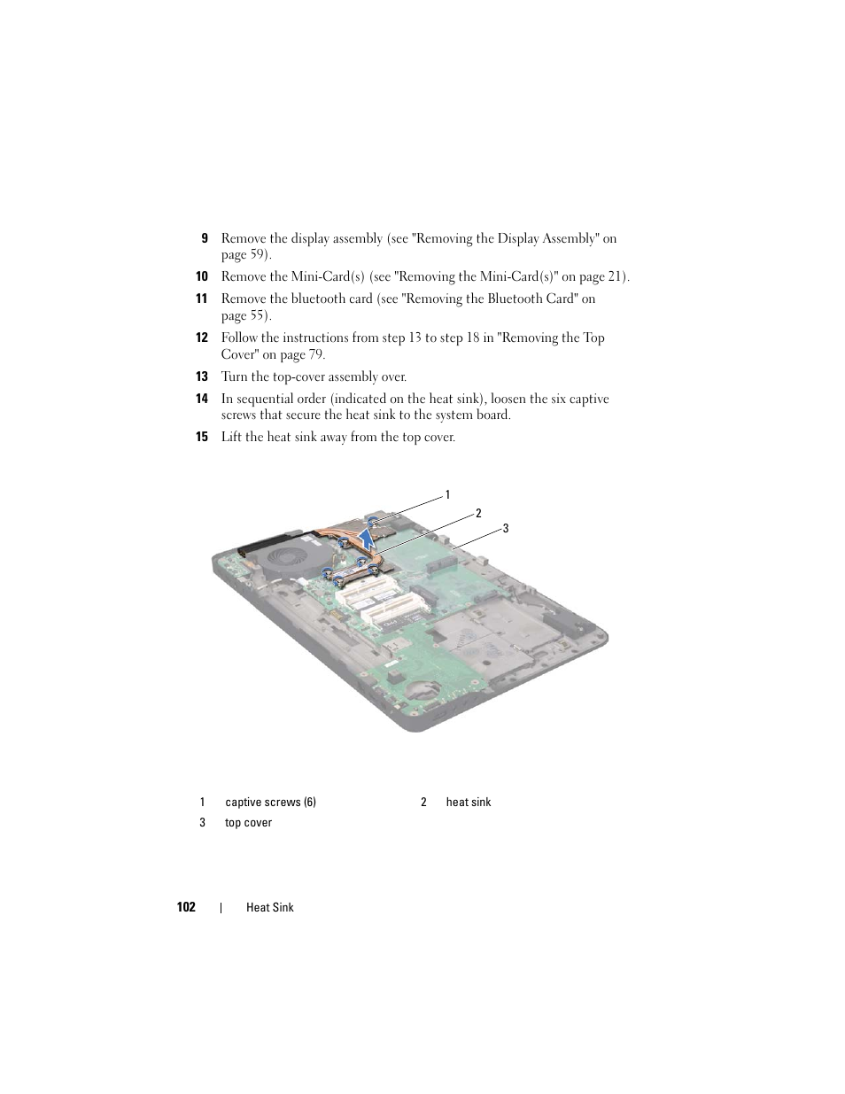 13 turn the top-cover assembly over, 15 lift the heat sink away from the top cover | Dell XPS 17 (L701X, Late 2010) User Manual | Page 102 / 134