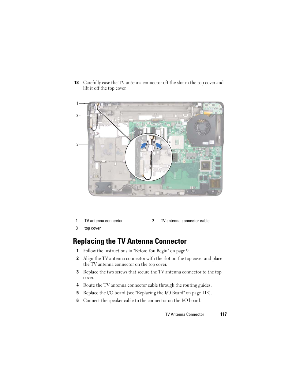 Replacing the tv antenna connector, See "replacing the tv antenna | Dell XPS 17 (L701X, Late 2010) User Manual | Page 117 / 134