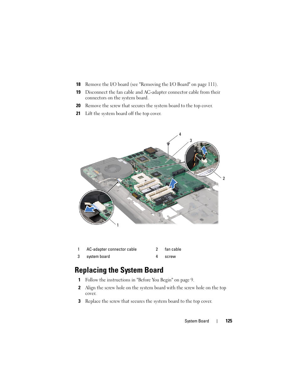 21 lift the system board off the top cover, Replacing the system board | Dell XPS 17 (L701X, Late 2010) User Manual | Page 125 / 134