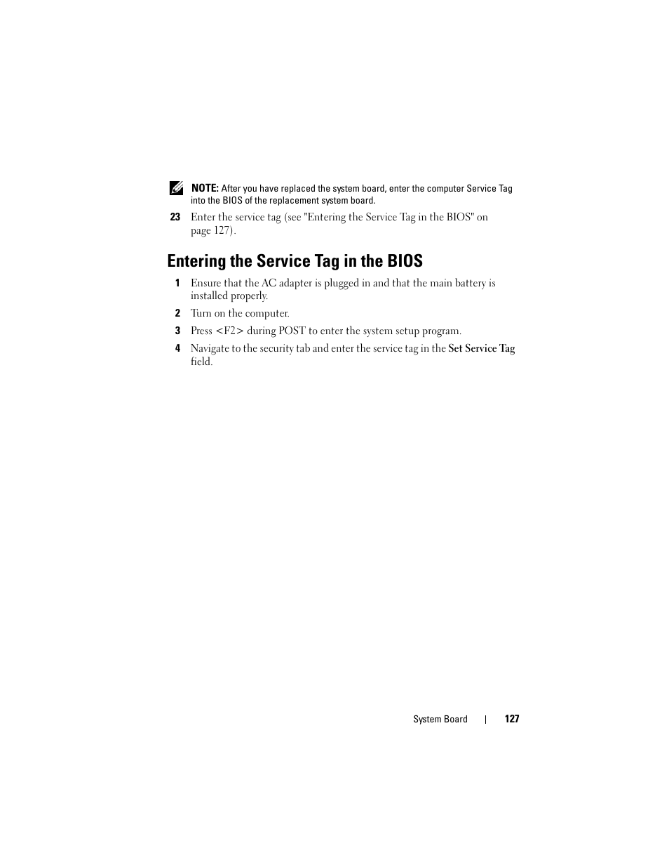 Entering the service tag in the bios, 2 turn on the computer | Dell XPS 17 (L701X, Late 2010) User Manual | Page 127 / 134