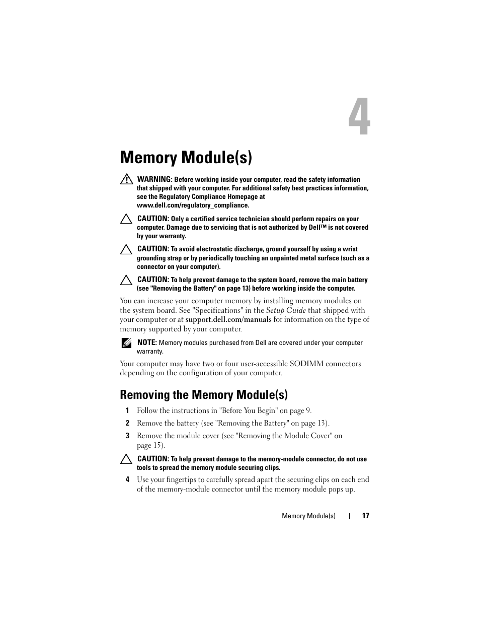 Memory module(s), Removing the memory module(s) | Dell XPS 17 (L701X, Late 2010) User Manual | Page 17 / 134