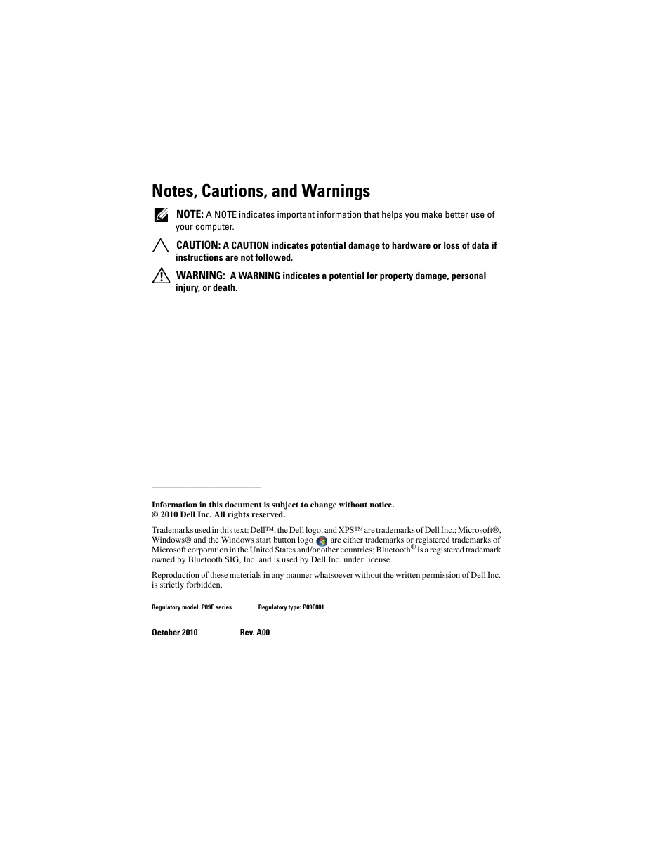 Notes, cautions, and warnings | Dell XPS 17 (L701X, Late 2010) User Manual | Page 2 / 134