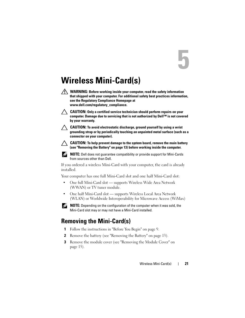 Wireless mini-card(s), Removing the mini-card(s) | Dell XPS 17 (L701X, Late 2010) User Manual | Page 21 / 134