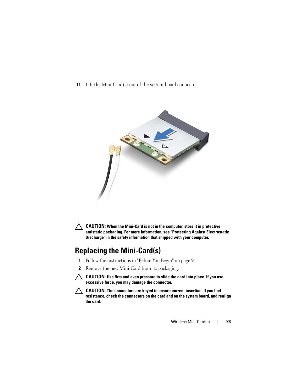 Replacing the mini-card(s), 2 remove the new mini-card from its packaging | Dell XPS 17 (L701X, Late 2010) User Manual | Page 23 / 134