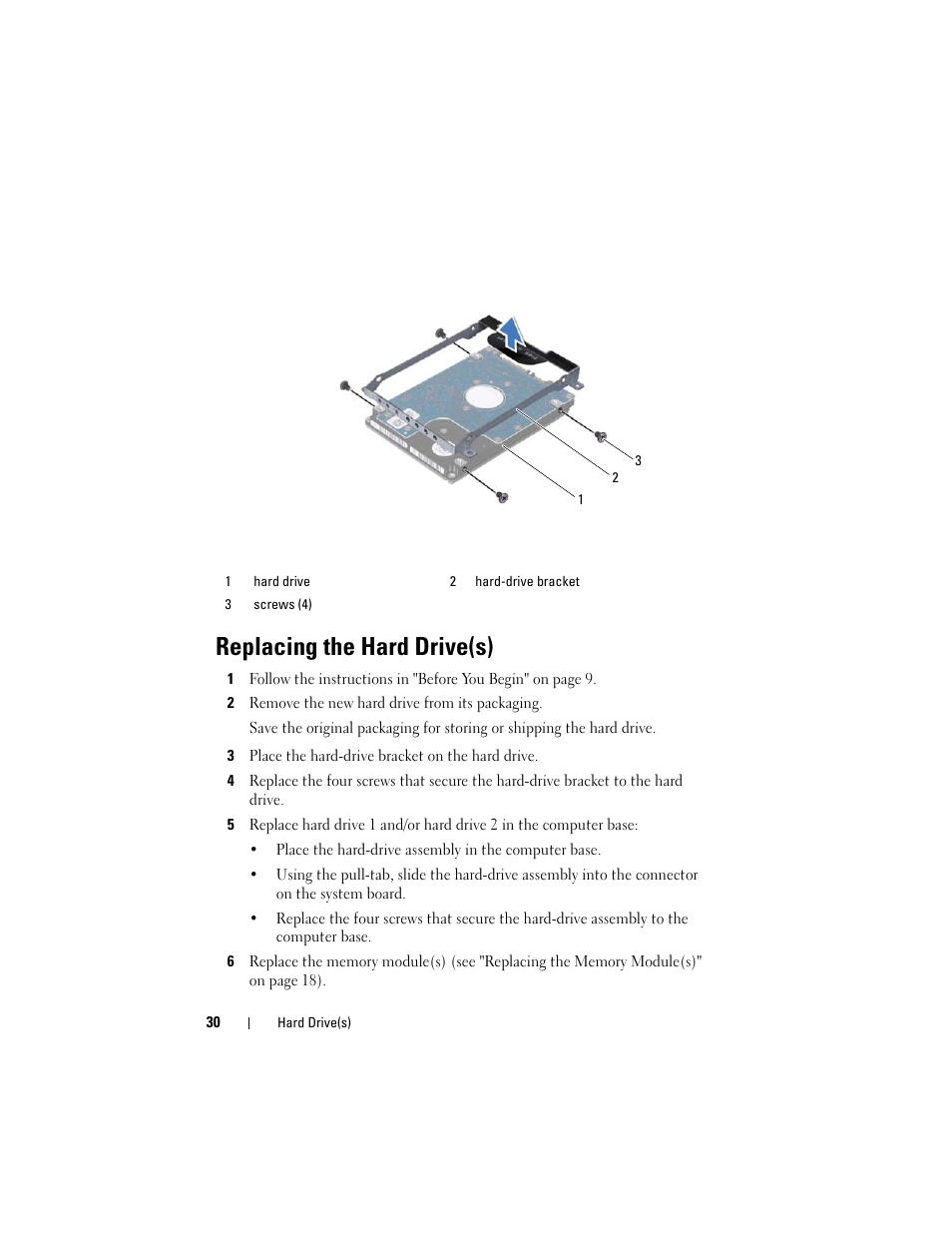 Replacing the hard drive(s), 2 remove the new hard drive from its packaging, 3 place the hard-drive bracket on the hard drive | Step 5 in "replacing the hard drive(s)" on | Dell XPS 17 (L701X, Late 2010) User Manual | Page 30 / 134