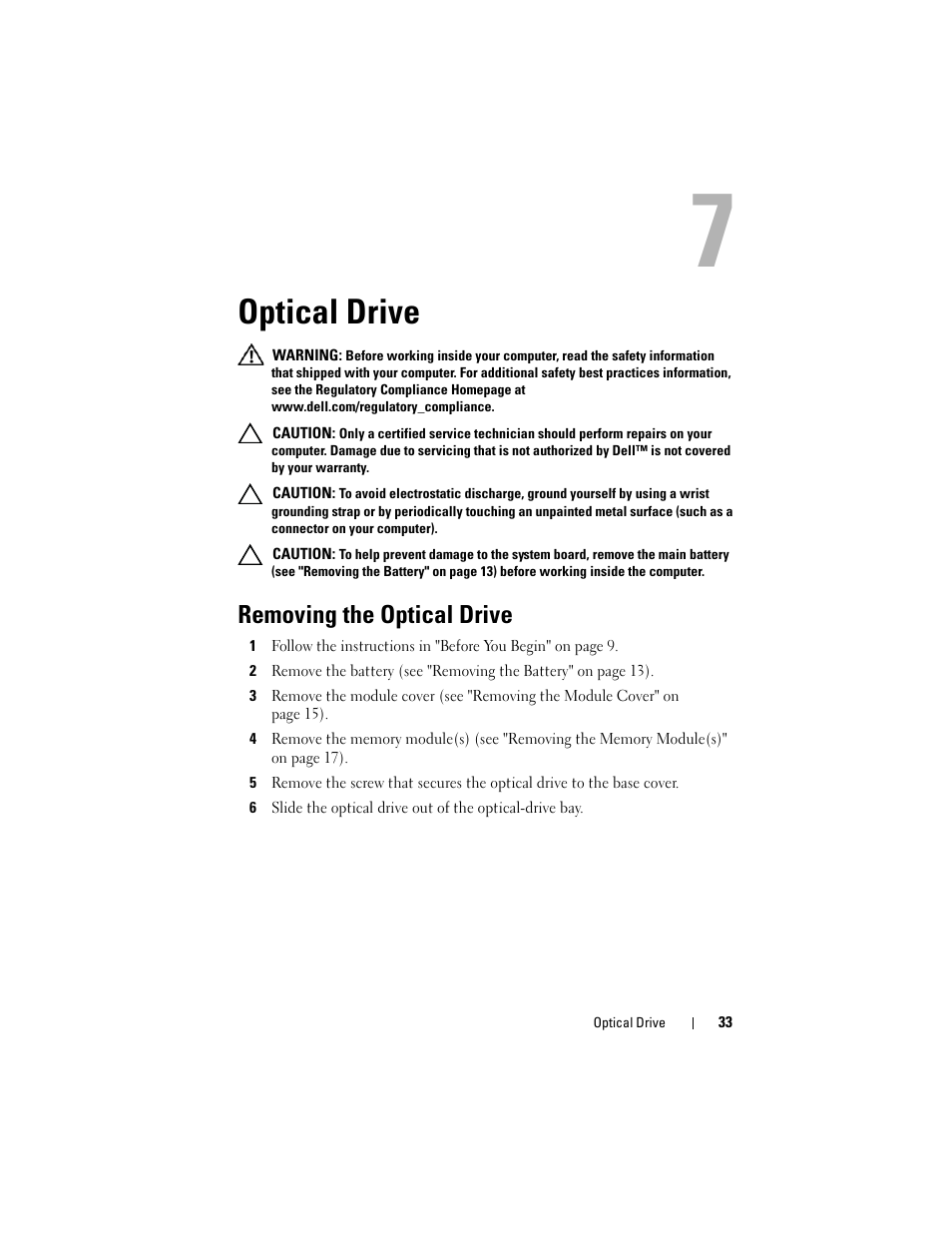 Optical drive, Removing the optical drive | Dell XPS 17 (L701X, Late 2010) User Manual | Page 33 / 134