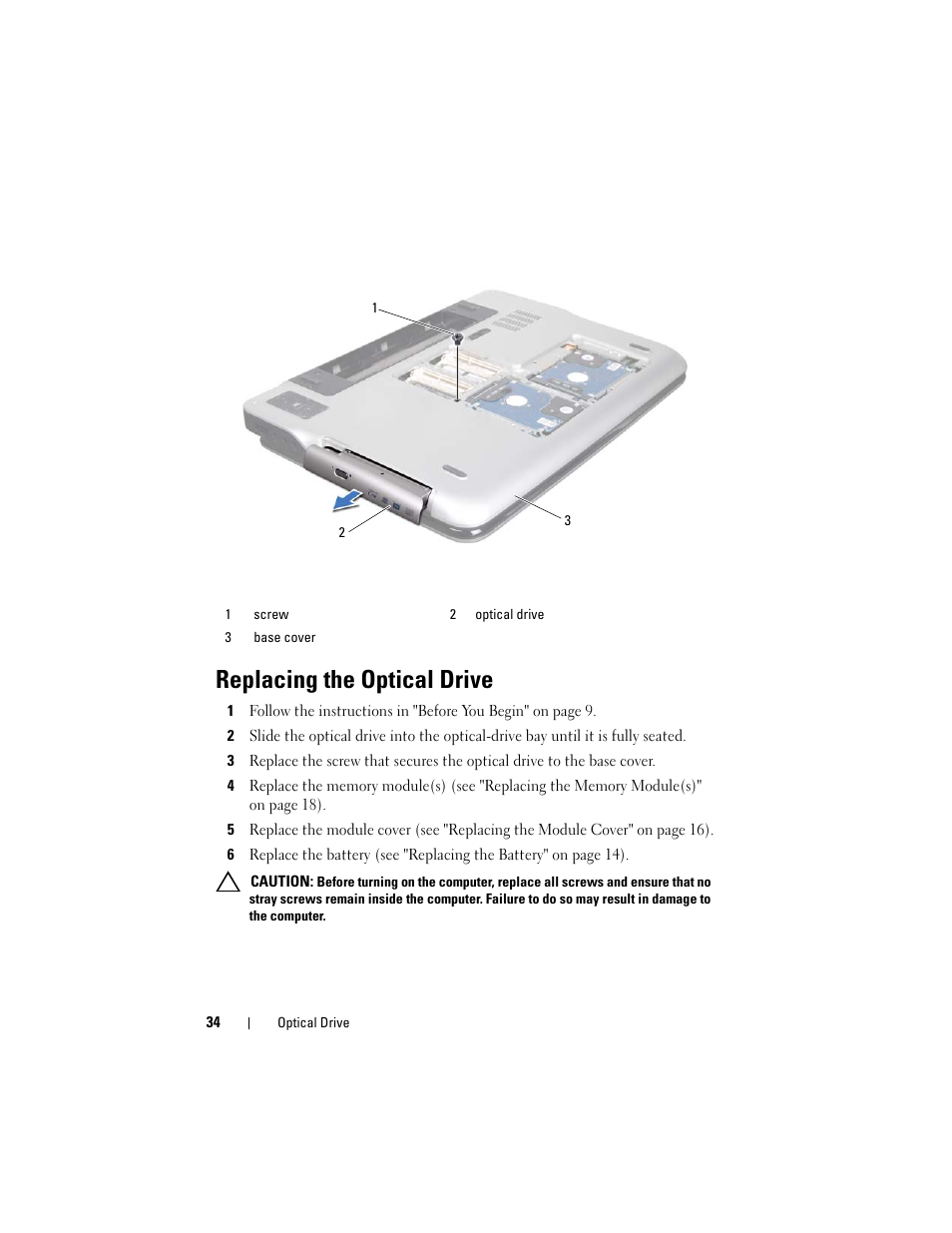 Replacing the optical drive | Dell XPS 17 (L701X, Late 2010) User Manual | Page 34 / 134