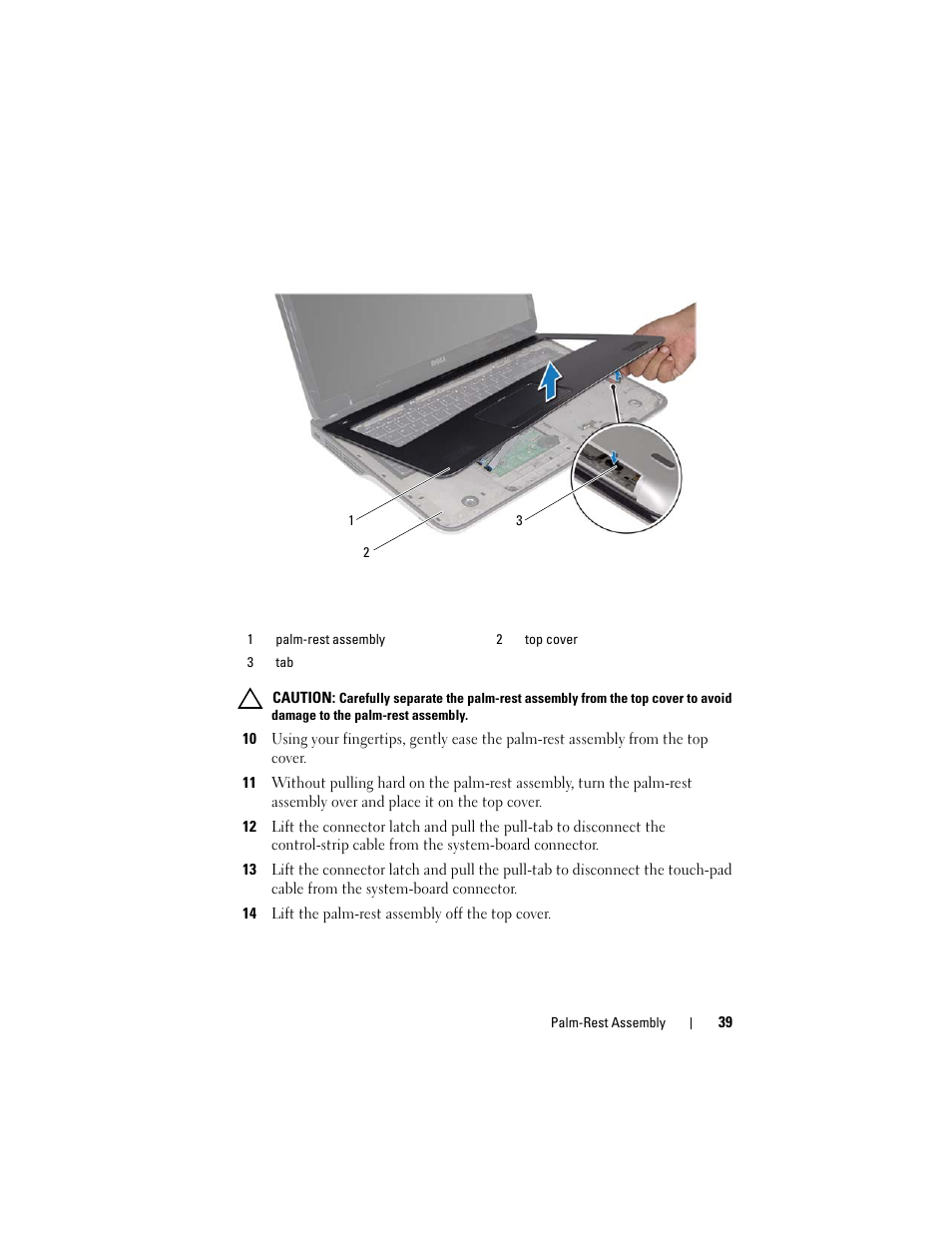 14 lift the palm-rest assembly off the top cover | Dell XPS 17 (L701X, Late 2010) User Manual | Page 39 / 134
