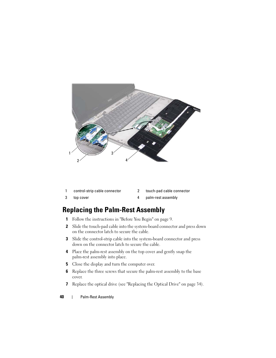Replacing the palm-rest assembly, 5 close the display and turn the computer over, See "replacing the palm-rest assembly | Dell XPS 17 (L701X, Late 2010) User Manual | Page 40 / 134