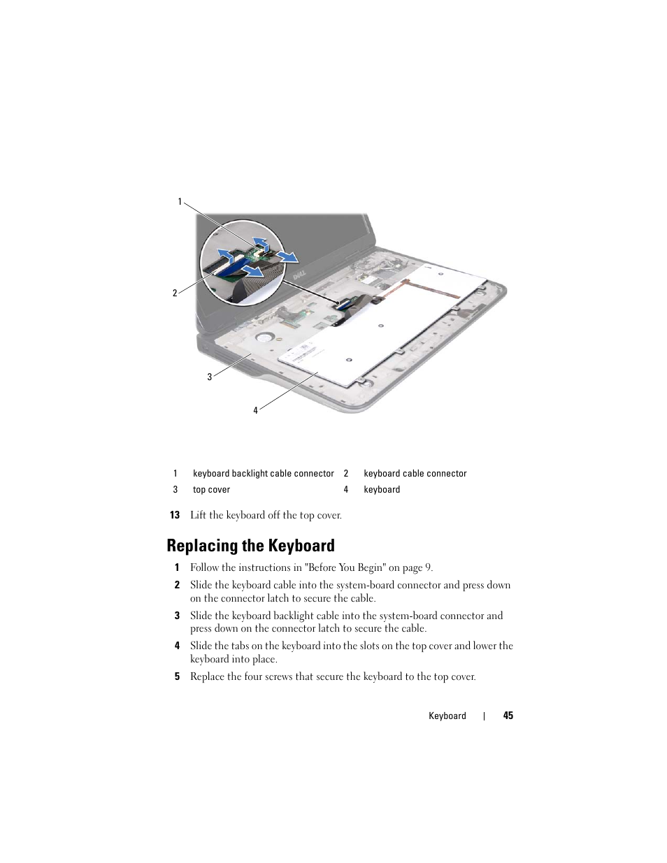 13 lift the keyboard off the top cover, Replacing the keyboard | Dell XPS 17 (L701X, Late 2010) User Manual | Page 45 / 134