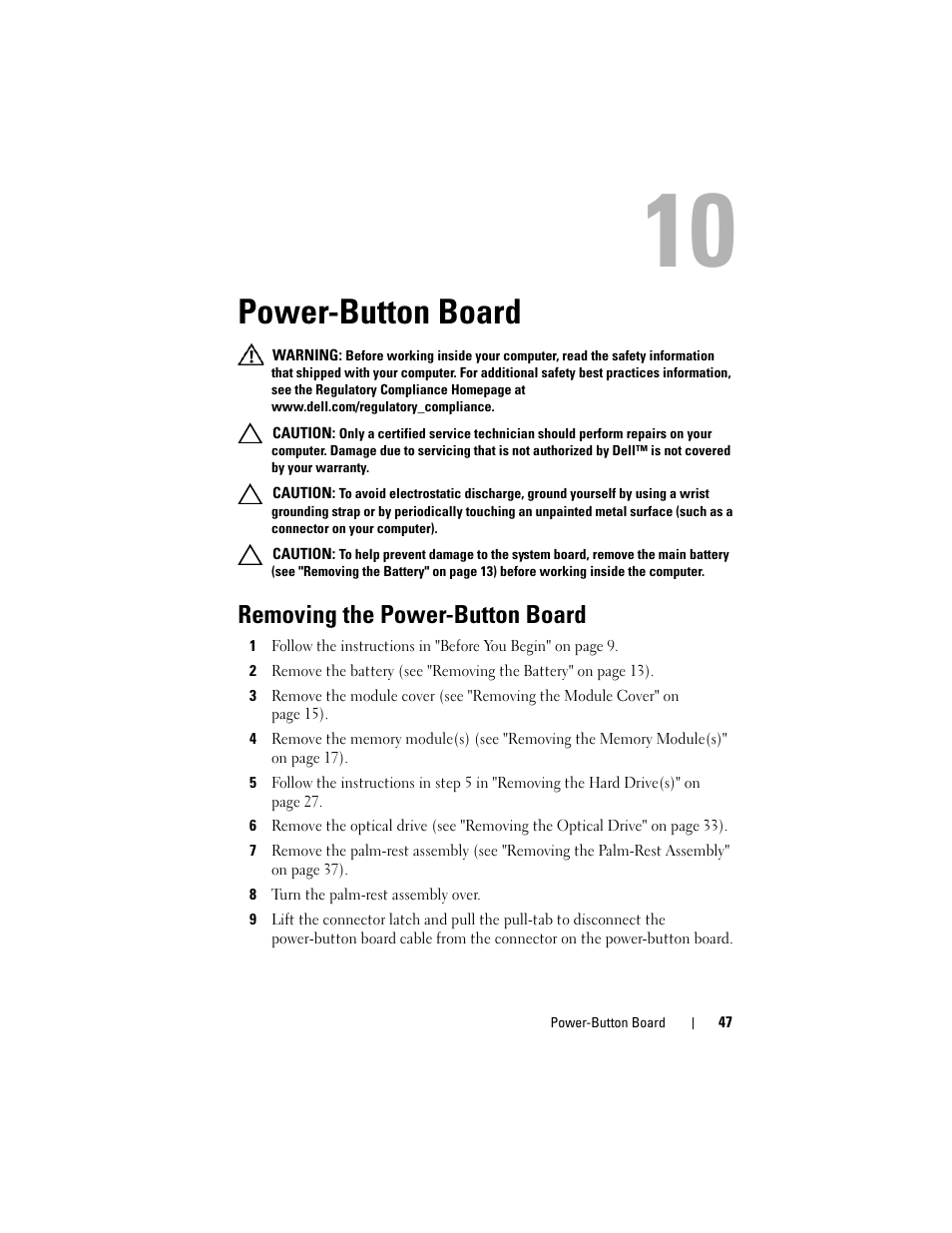 Power-button board, Removing the power-button board, 8 turn the palm-rest assembly over | Dell XPS 17 (L701X, Late 2010) User Manual | Page 47 / 134