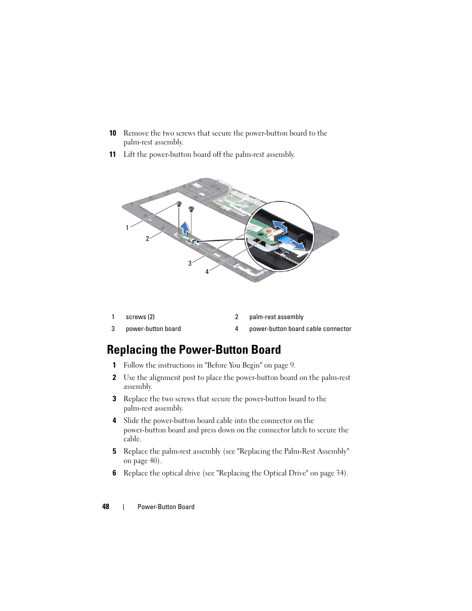 Replacing the power-button board | Dell XPS 17 (L701X, Late 2010) User Manual | Page 48 / 134