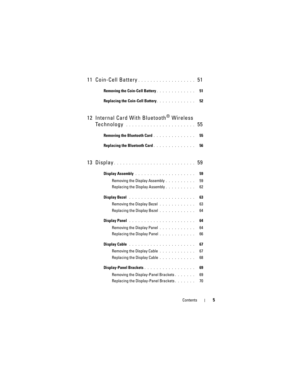 11 coin-cell battery, 12 internal card with bluetooth, Wireless technology | 13 display | Dell XPS 17 (L701X, Late 2010) User Manual | Page 5 / 134