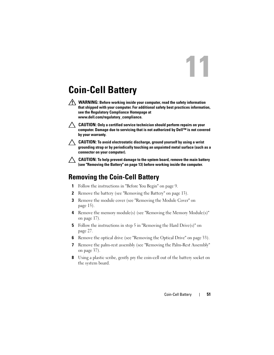 Coin-cell battery, Removing the coin-cell battery | Dell XPS 17 (L701X, Late 2010) User Manual | Page 51 / 134