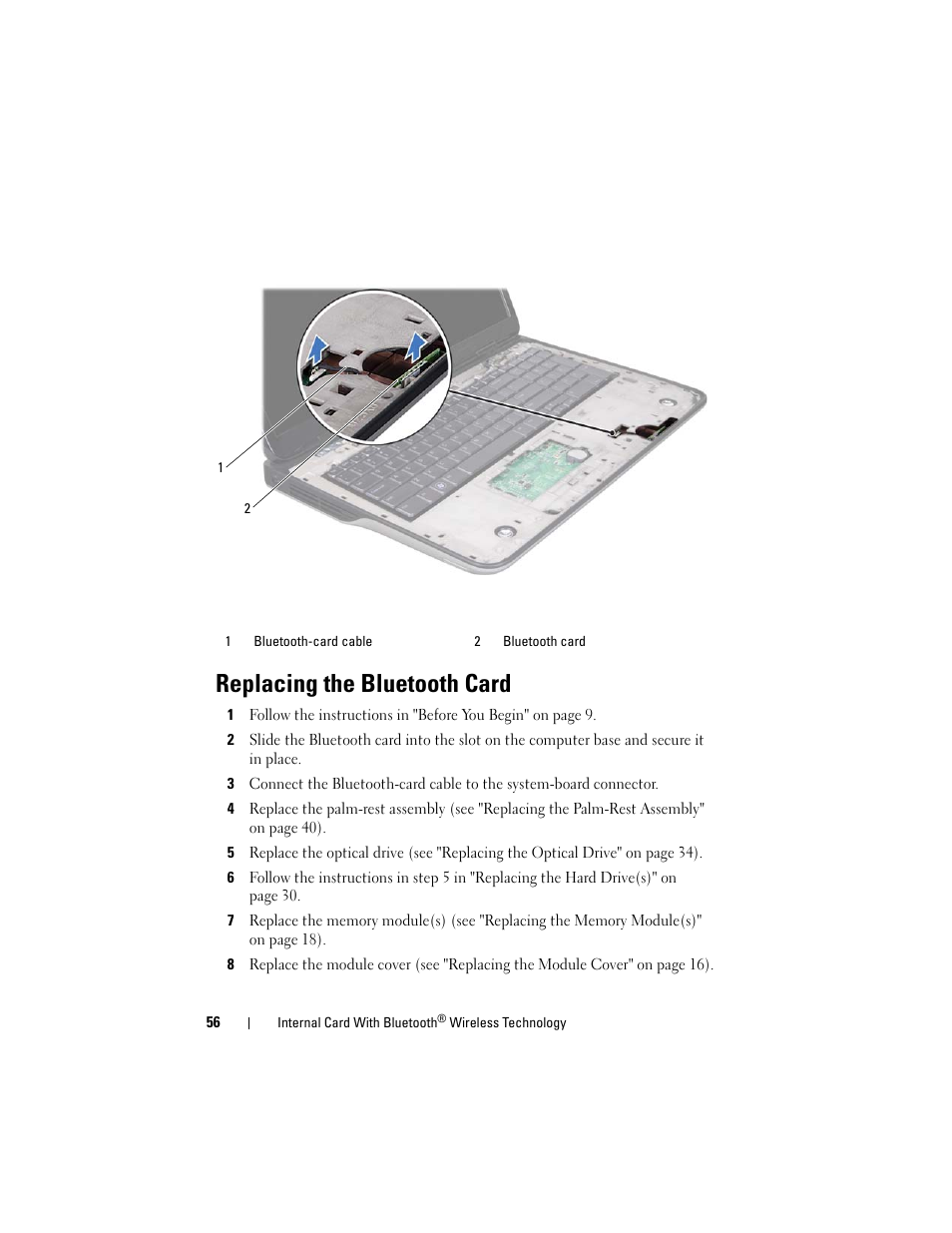 Replacing the bluetooth card | Dell XPS 17 (L701X, Late 2010) User Manual | Page 56 / 134