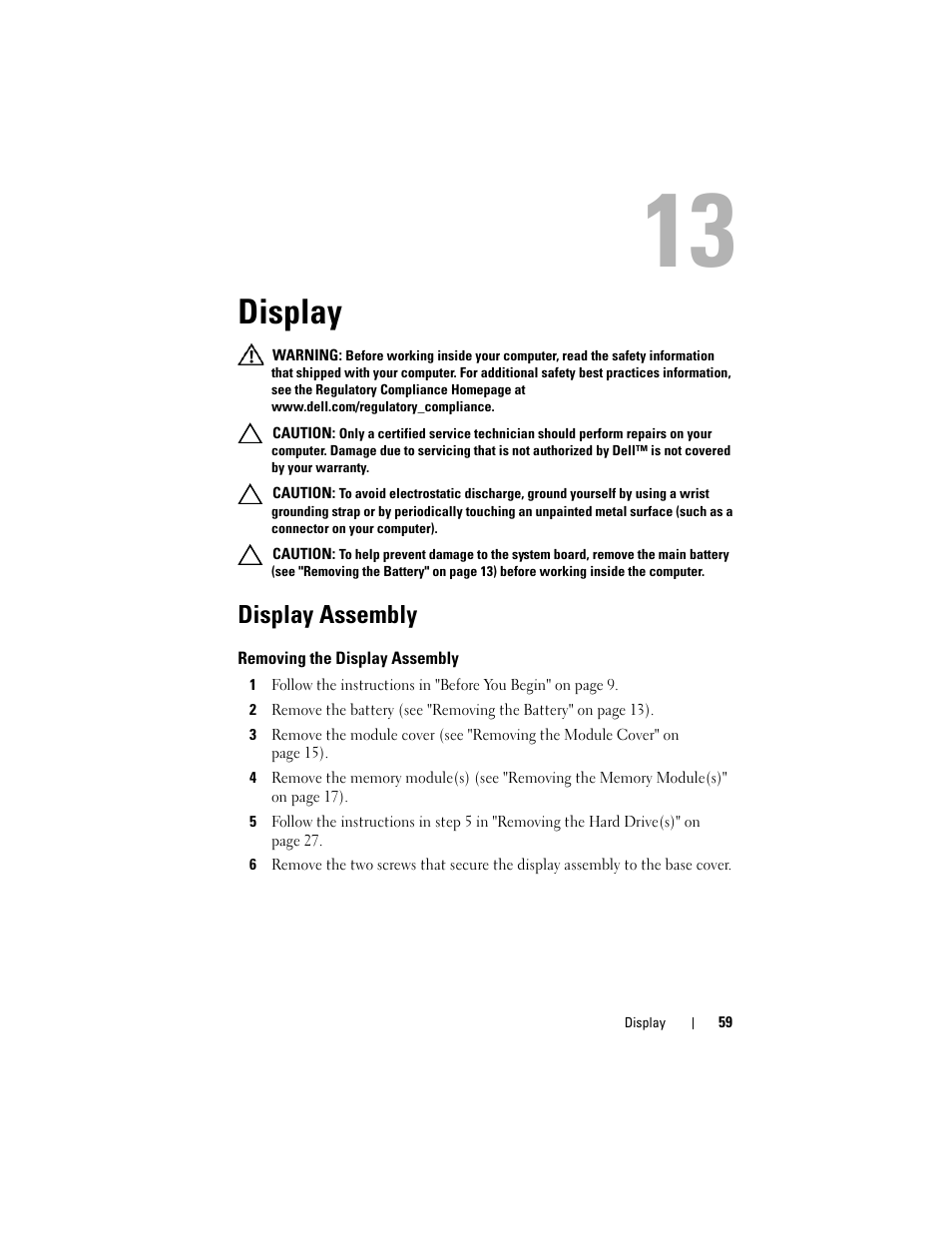 Display, Display assembly, Removing the display assembly | Dell XPS 17 (L701X, Late 2010) User Manual | Page 59 / 134