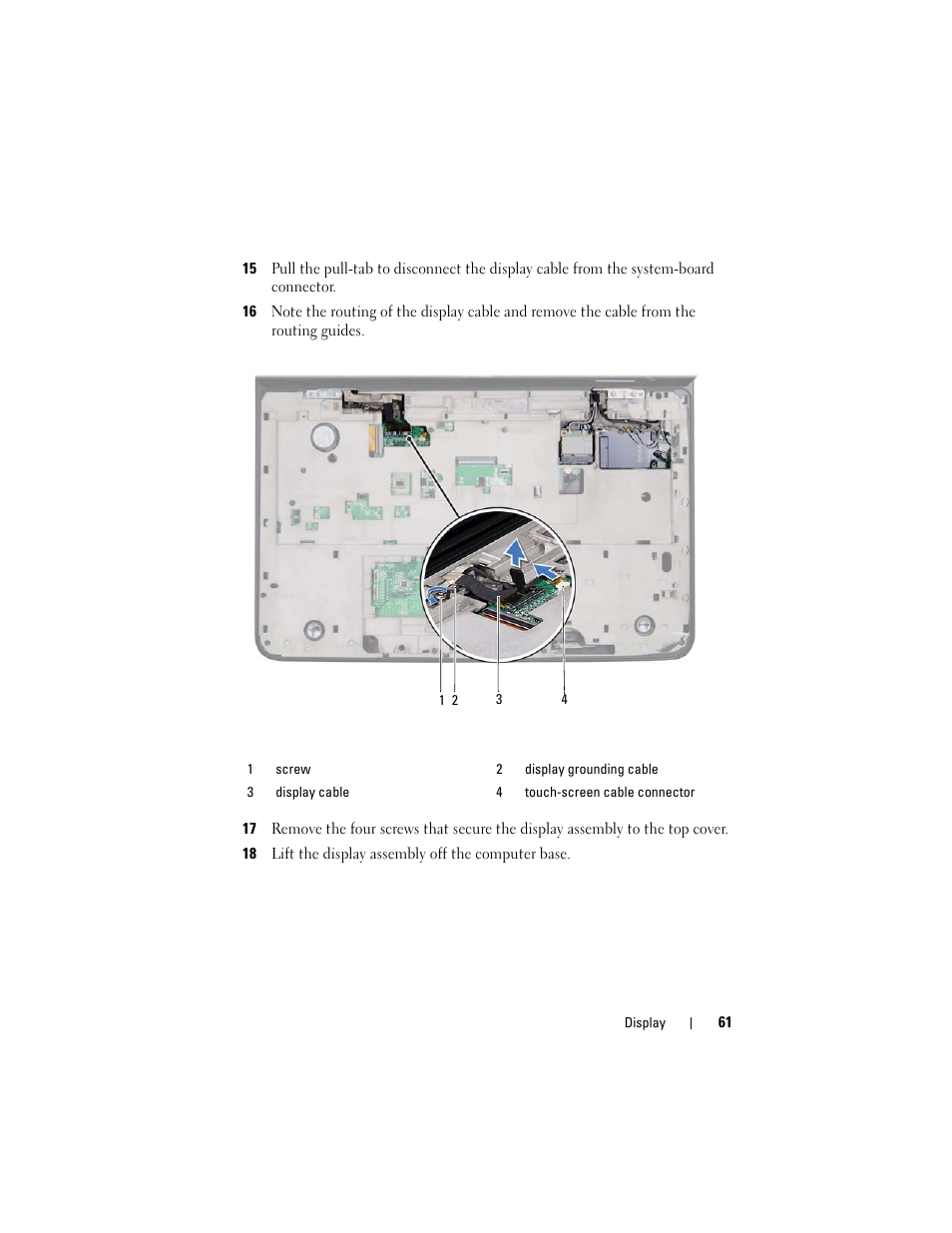 18 lift the display assembly off the computer base | Dell XPS 17 (L701X, Late 2010) User Manual | Page 61 / 134