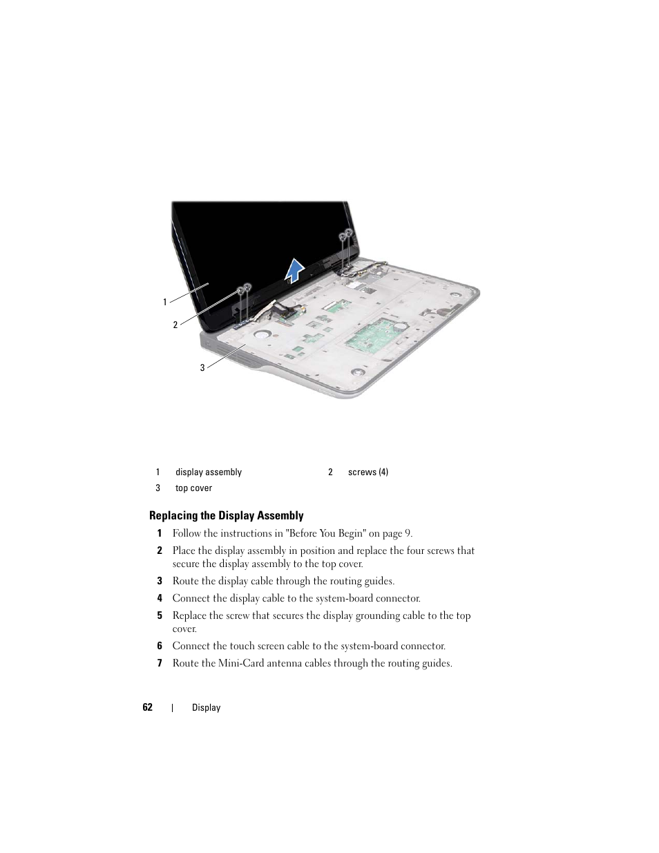 Replacing the display assembly | Dell XPS 17 (L701X, Late 2010) User Manual | Page 62 / 134