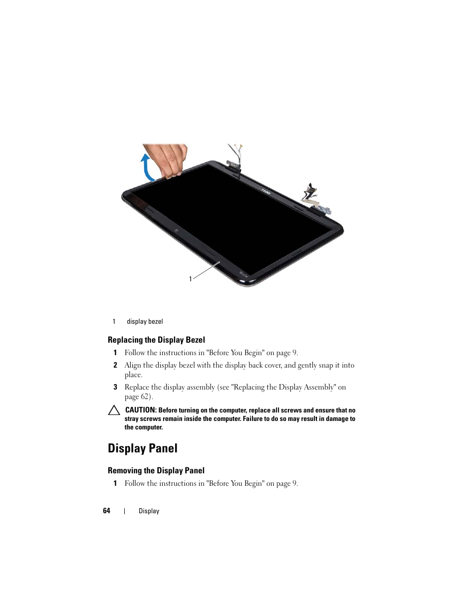 Replacing the display bezel, Display panel, Removing the display panel | Dell XPS 17 (L701X, Late 2010) User Manual | Page 64 / 134