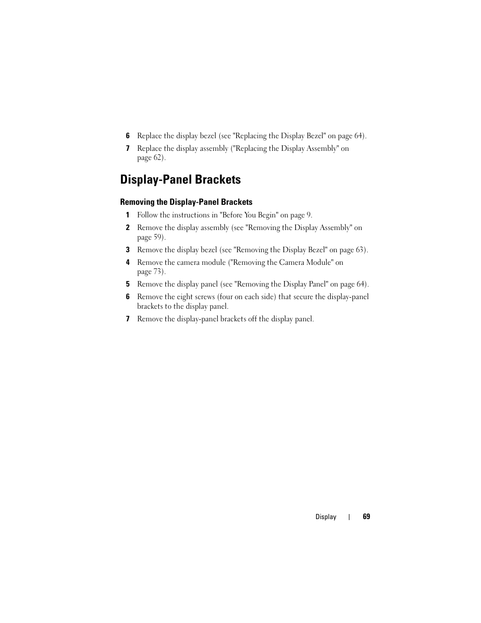 Display-panel brackets, Removing the display-panel brackets | Dell XPS 17 (L701X, Late 2010) User Manual | Page 69 / 134