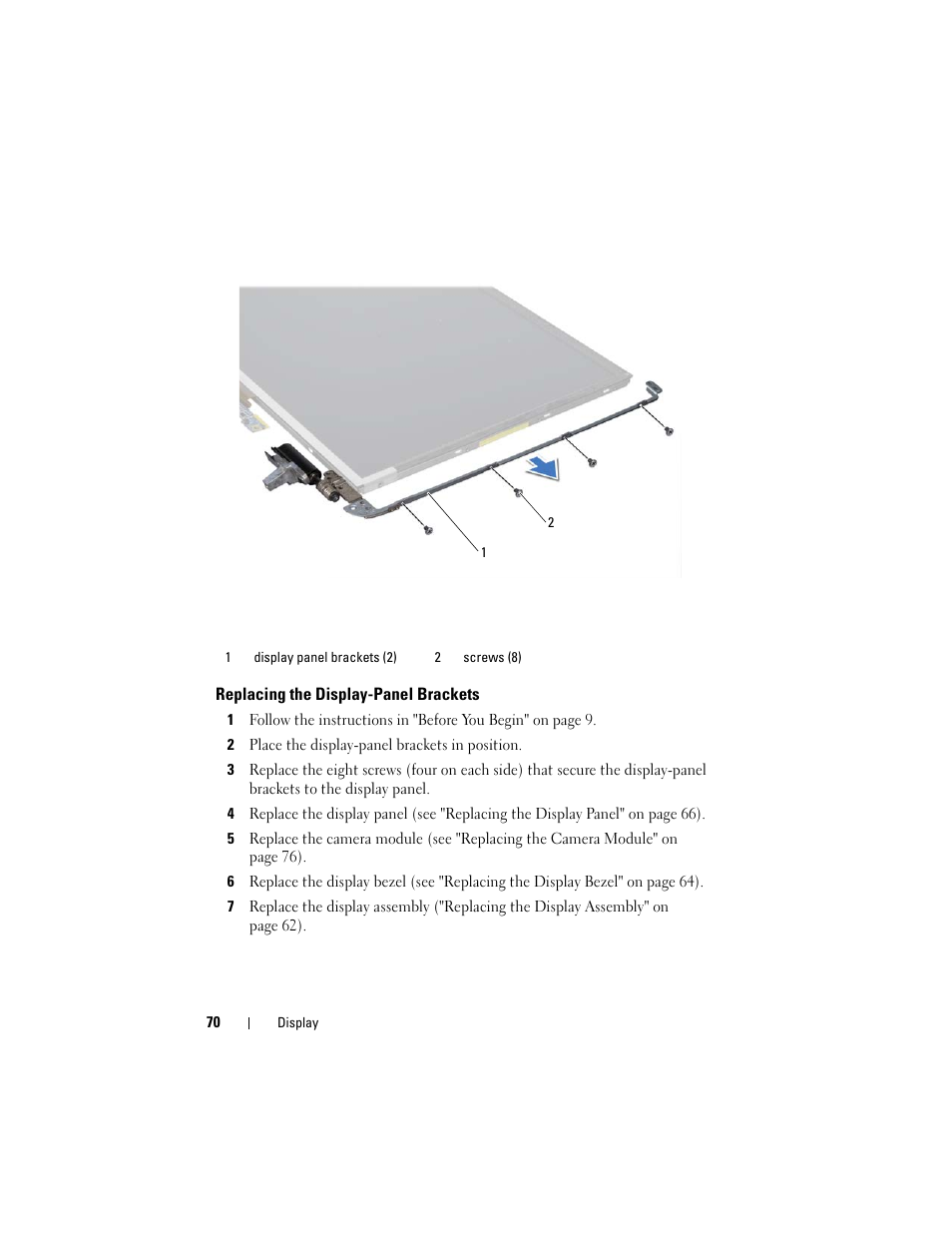 Replacing the display-panel brackets, 2 place the display-panel brackets in position | Dell XPS 17 (L701X, Late 2010) User Manual | Page 70 / 134