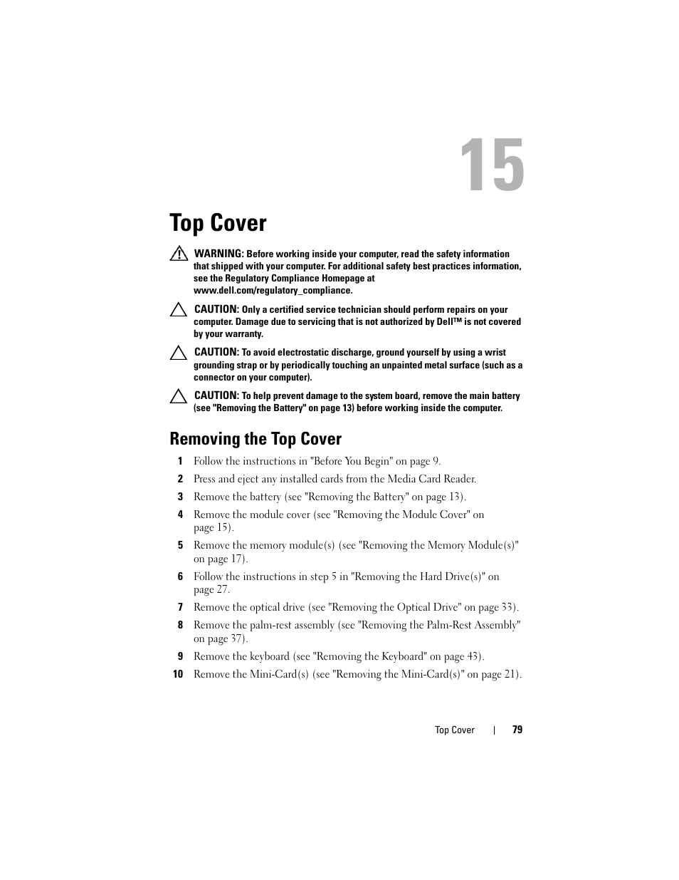 Top cover, Removing the top cover | Dell XPS 17 (L701X, Late 2010) User Manual | Page 79 / 134
