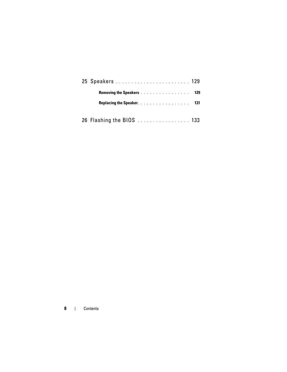 25 speakers, 26 flashing the bios | Dell XPS 17 (L701X, Late 2010) User Manual | Page 8 / 134