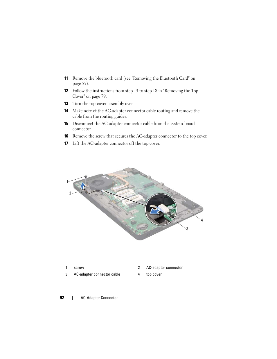 13 turn the top-cover assembly over, 17 lift the ac-adapter connector off the top cover | Dell XPS 17 (L701X, Late 2010) User Manual | Page 92 / 134