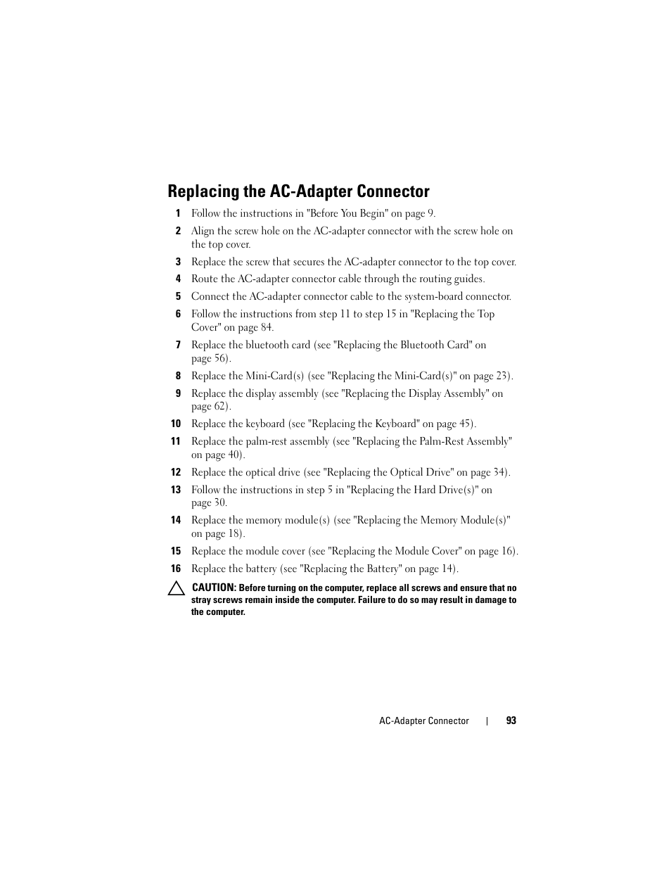 Replacing the ac-adapter connector, Replacing the ac-adapter | Dell XPS 17 (L701X, Late 2010) User Manual | Page 93 / 134