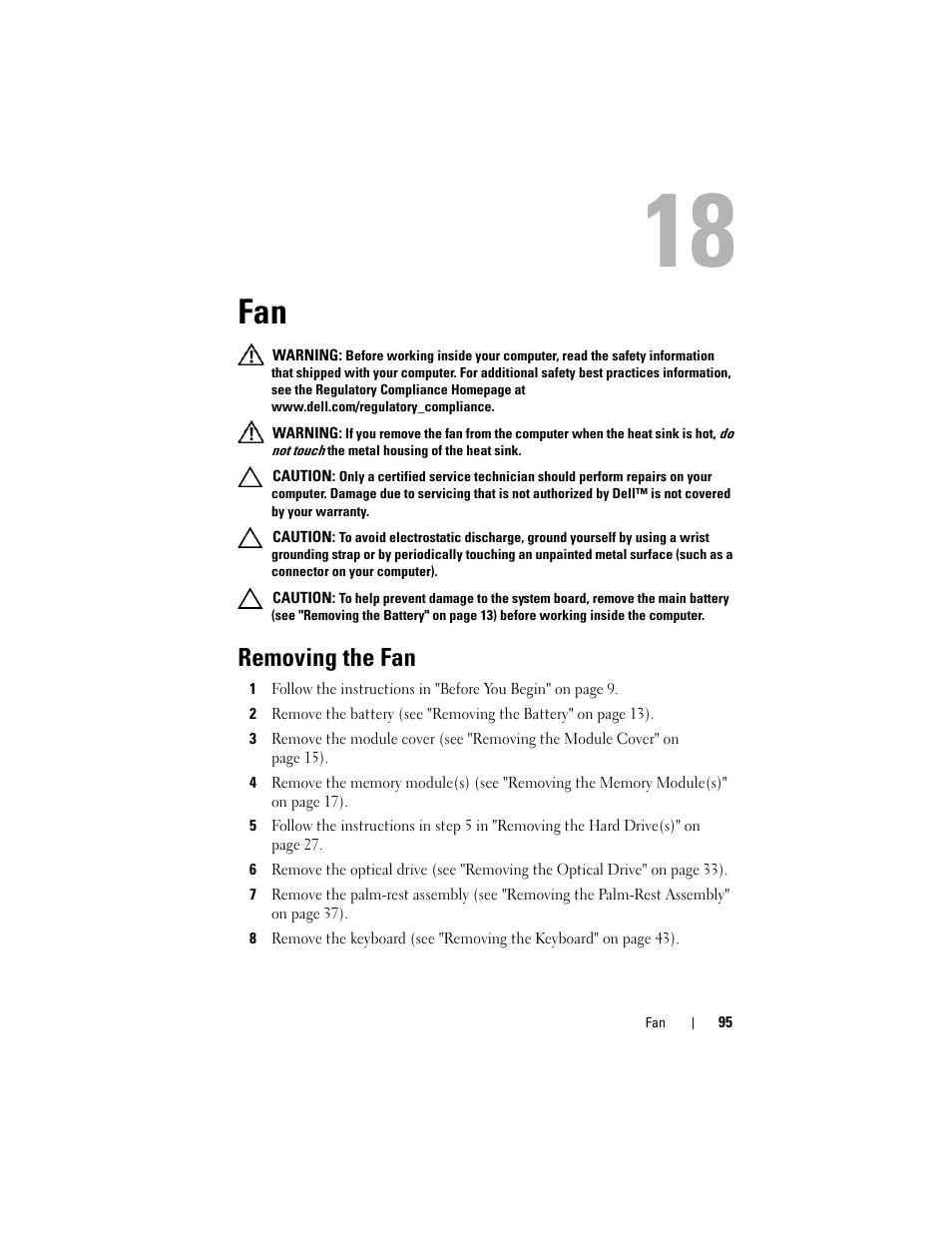 Removing the fan | Dell XPS 17 (L701X, Late 2010) User Manual | Page 95 / 134