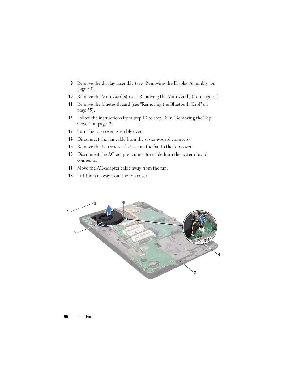 13 turn the top-cover assembly over, 17 move the ac-adapter cable away from the fan, 18 lift the fan away from the top cover | Dell XPS 17 (L701X, Late 2010) User Manual | Page 96 / 134