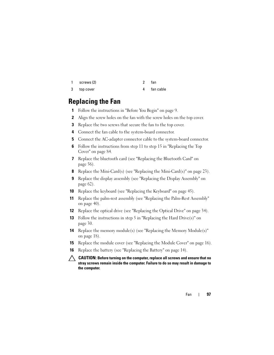 Replacing the fan | Dell XPS 17 (L701X, Late 2010) User Manual | Page 97 / 134