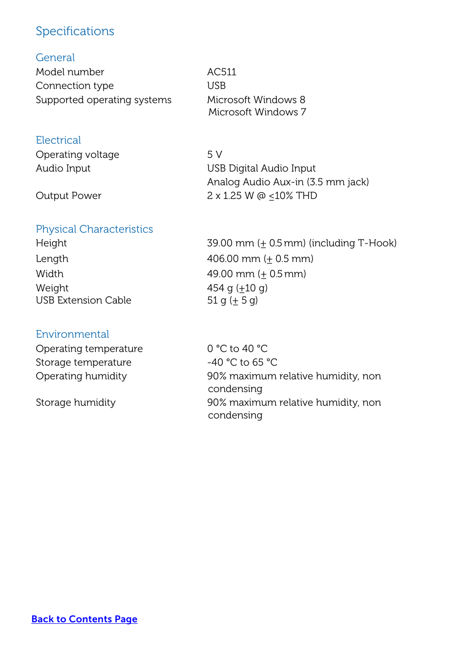 Specifications | Dell USB Soundbar AC511 User Manual | Page 12 / 15