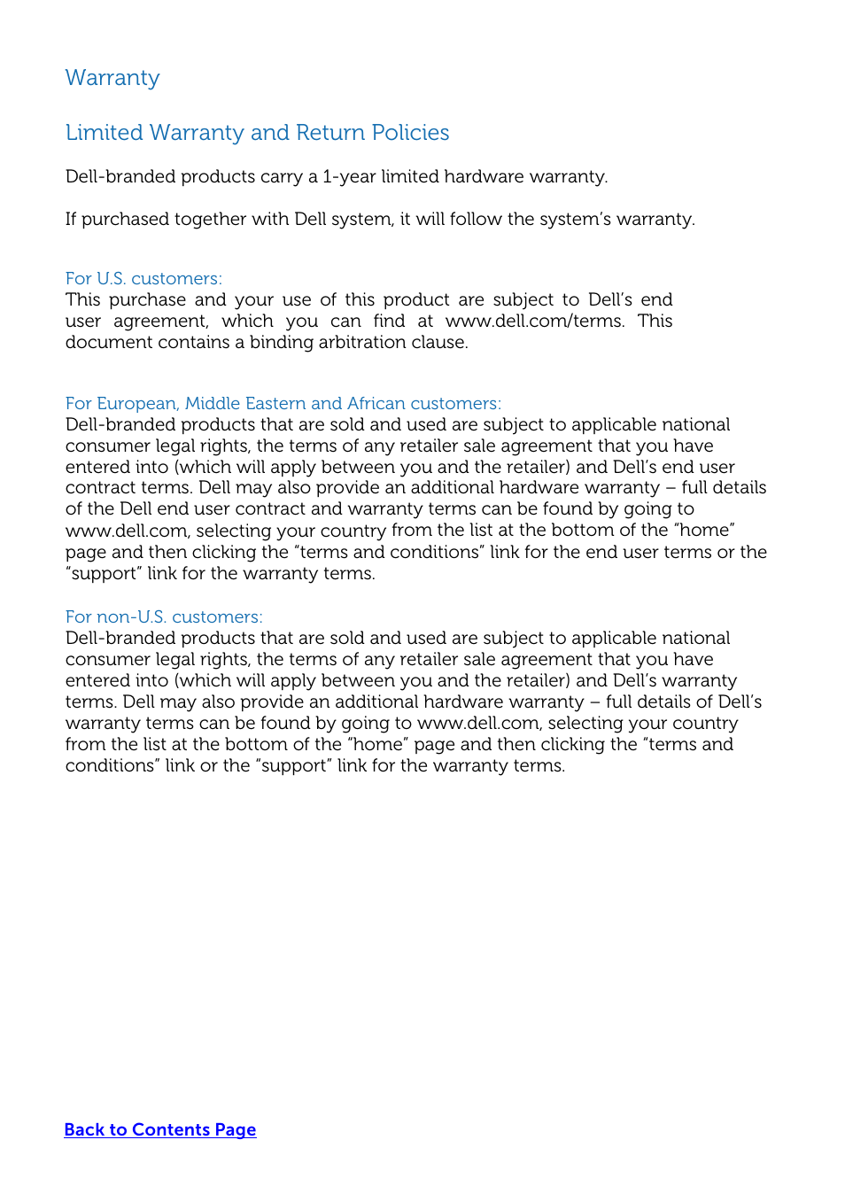 Warranty, Limited warranty and return policies | Dell USB Soundbar AC511 User Manual | Page 14 / 15
