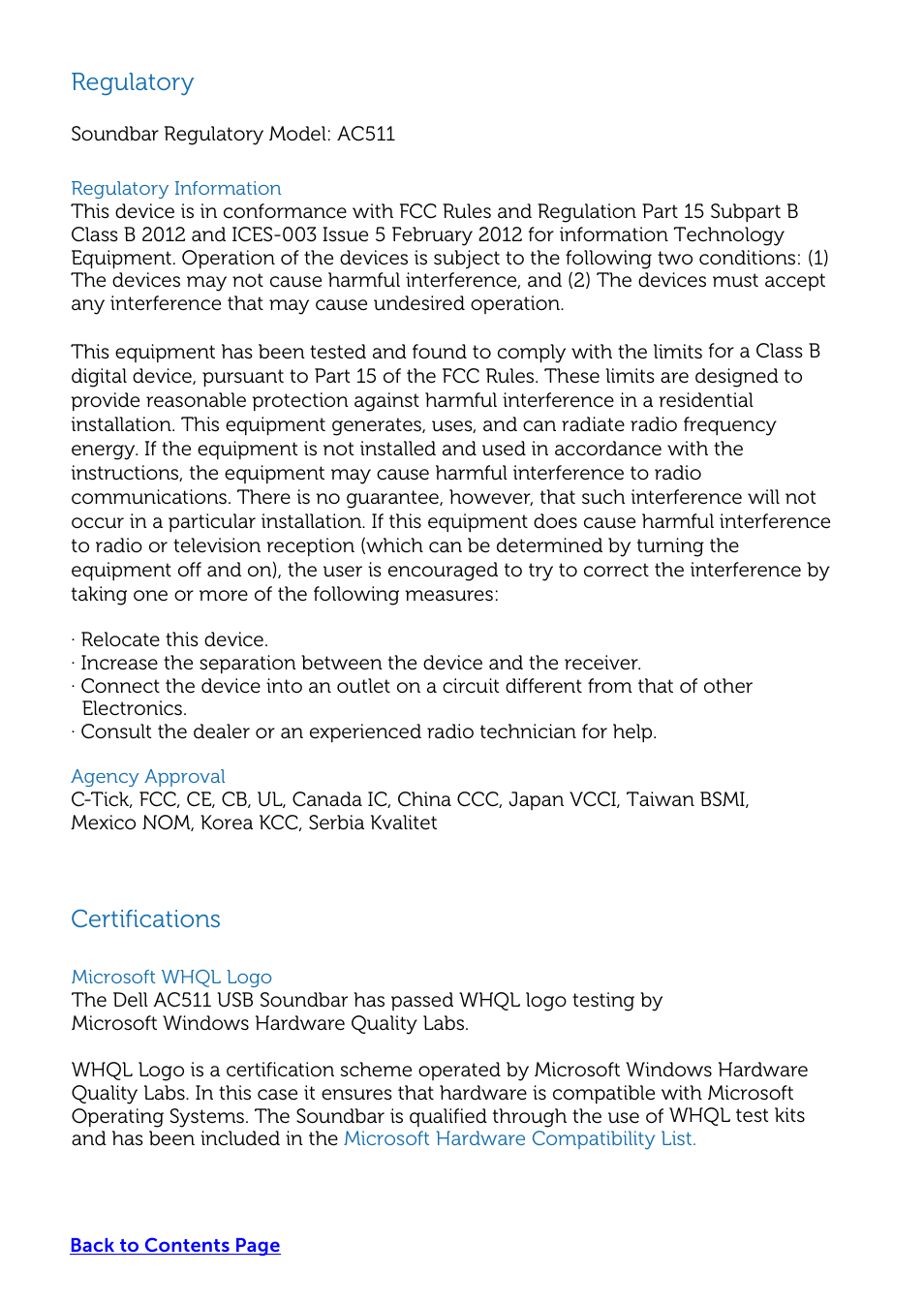 Regulatory, Certifications | Dell USB Soundbar AC511 User Manual | Page 15 / 15