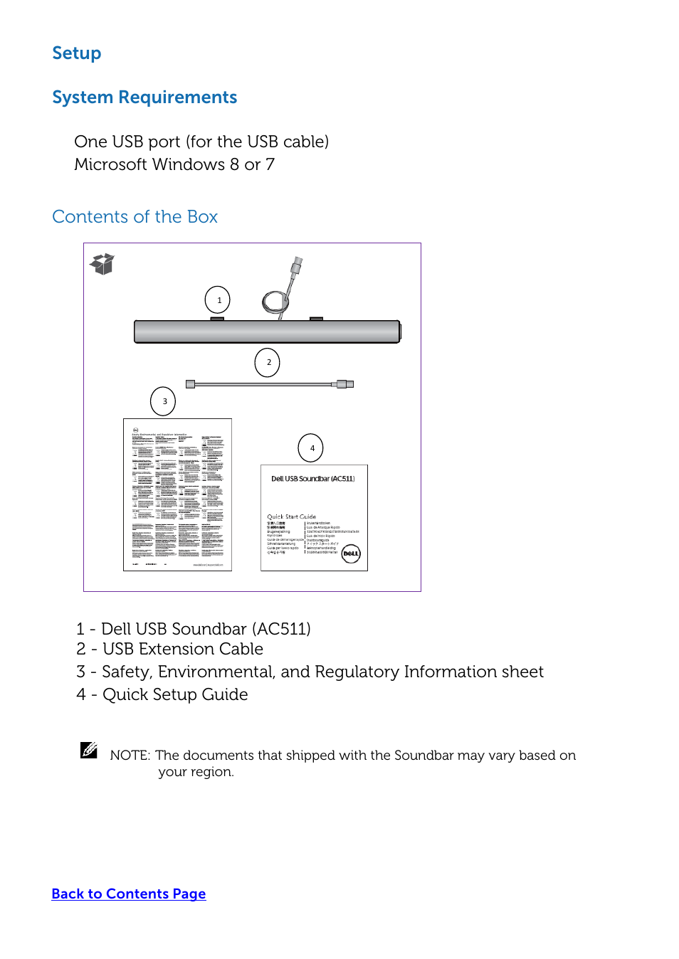 Setup, System requirements, Contents of the box | Dell USB Soundbar AC511 User Manual | Page 4 / 15