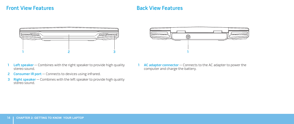 Front view features, Back view features, Front view features back view features | Dell Alienware M17x R2 (Early 2010) User Manual | Page 14 / 62