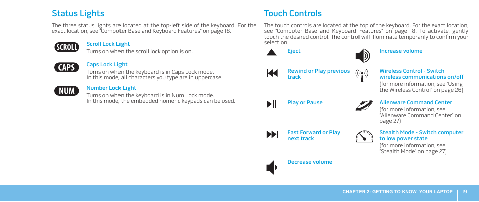 Status lights, Touch controls, Status lights touch controls | Dell Alienware M17x R2 (Early 2010) User Manual | Page 19 / 62