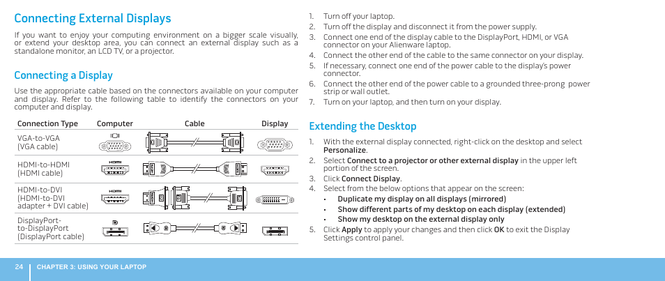 Connecting external displays, Connecting a display, Extending the desktop | Dell Alienware M17x R2 (Early 2010) User Manual | Page 24 / 62