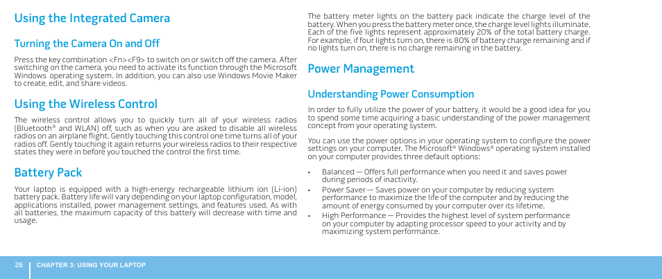 Using the integrated camera, Using the wireless control, Battery pack | Power management, Turning the camera on and off, Understanding power consumption | Dell Alienware M17x R2 (Early 2010) User Manual | Page 26 / 62
